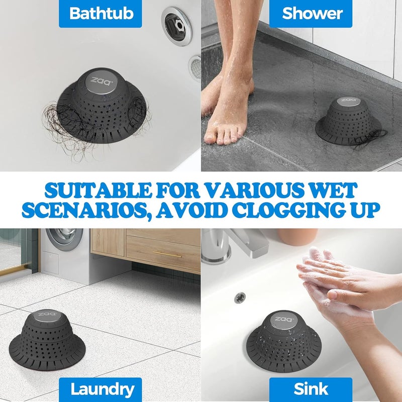zaa Bathtub Drain Hair Catcher, Premium Silicone Collapsible 2 Pack Drain Protector for Pop-Up & Regular Drains of Shower, Bathtub, Tub, Bathroom, Sink, Black Black - Image 2